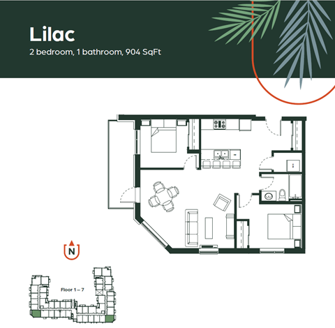Floor plan for 2 beds, 1 bath, 904 sqft